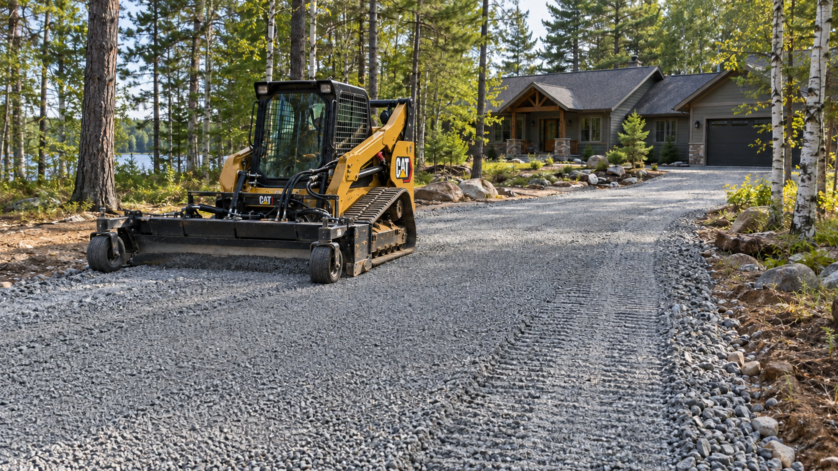 Illustrative image of a CAT skid steer grading a gravel driveway