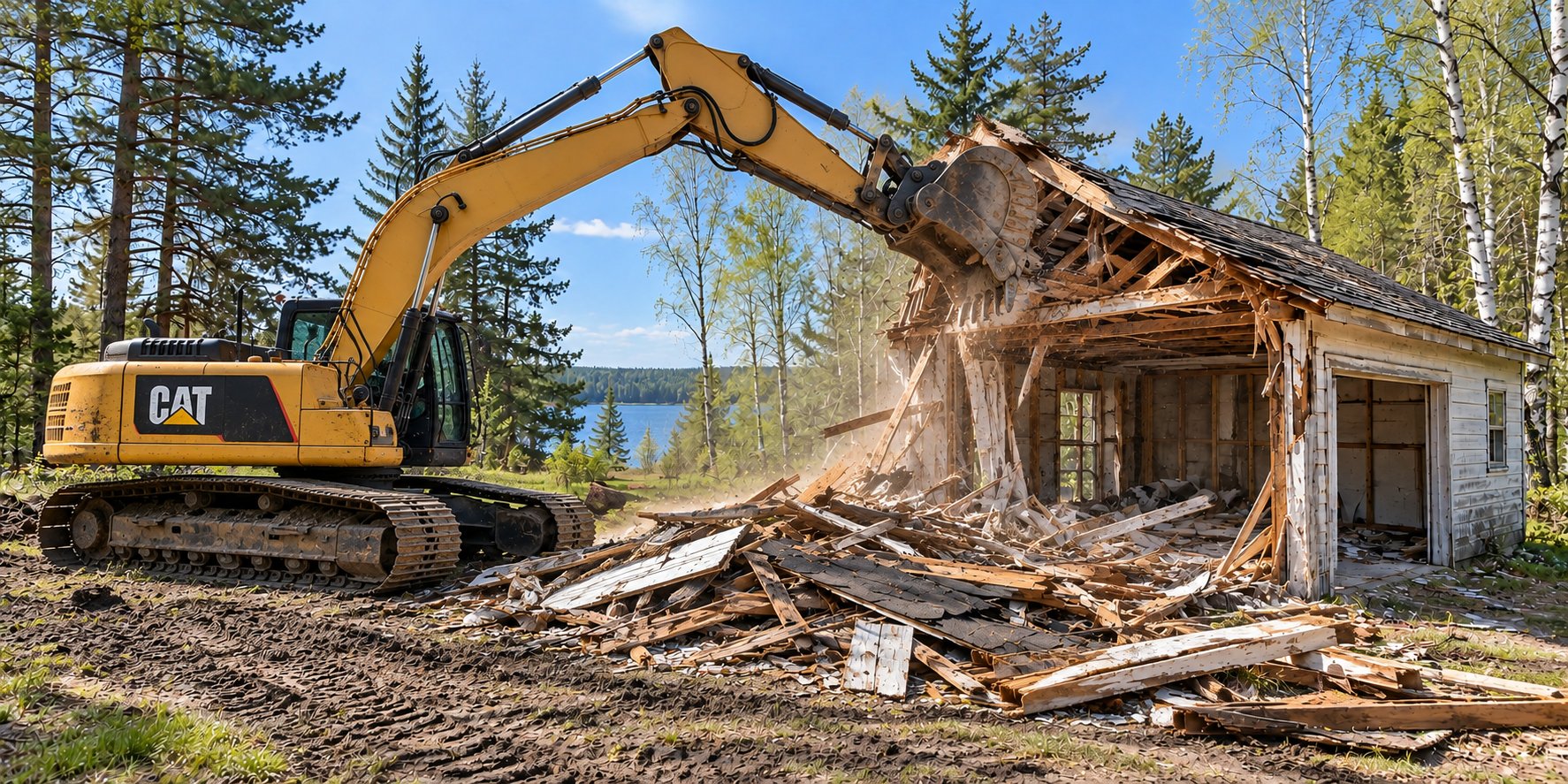 Illustrative image of a CAT excavator demolishing a wooden structure