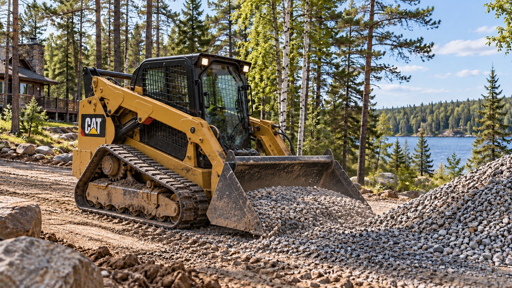 Illustrative image of a CAT track loader spreading gravel on a driveway
