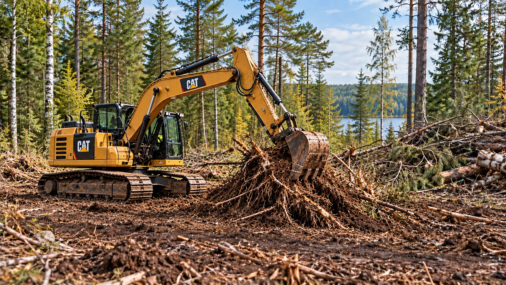 Illustrative image of a CAT excavator clearing roots and brush