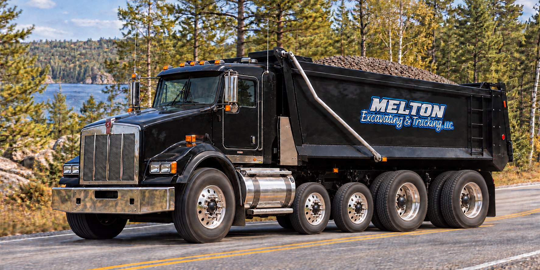 Illustrative image of a black Melton dump truck hauling aggregate