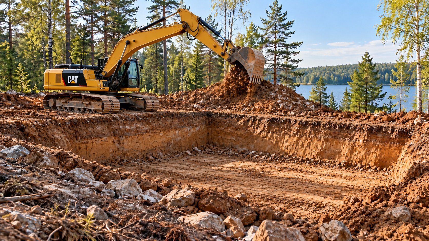 Illustrative image of a CAT excavator digging a foundation hole