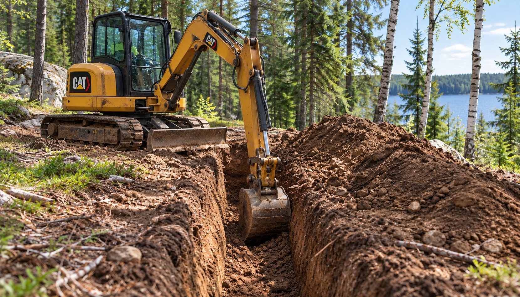 Illustrative image of a CAT excavator digging a trench